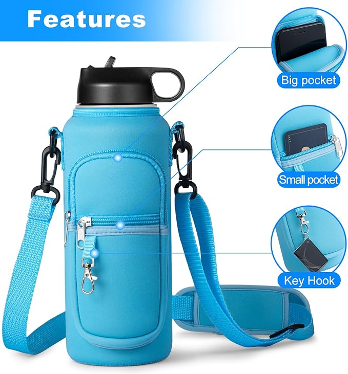 Water Bottle Holder with Strap for Hydroflask 32oz 40oz, Carrier Sling Bag with Phone Pocket Sleeve for Men Women Hiking Camping Travelling