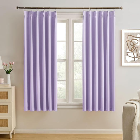 Pinch Pleated Lavender Blackout Curtains Short 2 Panels Set 45 Inch Length for Small Windows, Sound & Light Reducing Room Darkening Drape for Bathroom Bedroom(Lavender, 2 Pieces, W40 x L45)