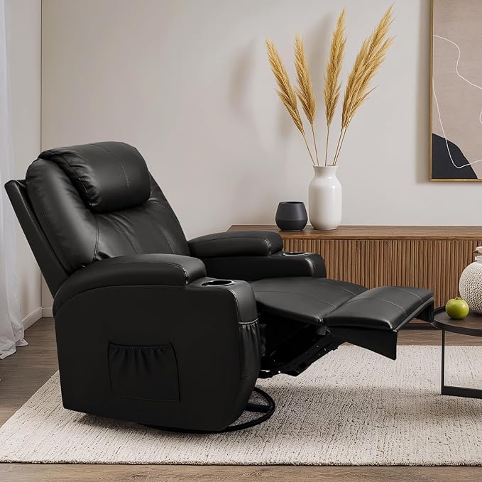 Recliner Chair, 360° Swivel Rocker Chair for Adults, Rocking Recliner Chair with Massage, Comfy Single Sofa with Side Pockets Cup Holders for Living Room, Bedroom, Nursery (Leather, Black)