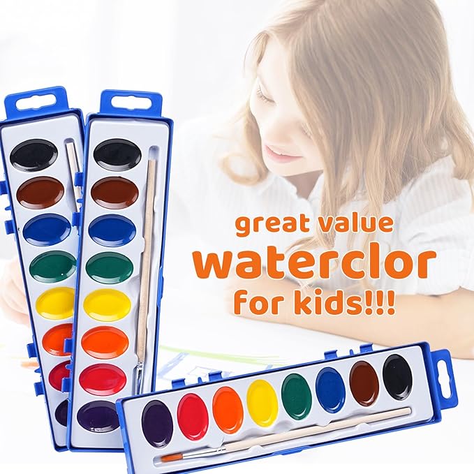 Watercolor Paint Set for Kids (8 Colors), 24 Pack Washable Watercolor + 24 Woodbrushes, Water Color Paint for Classroom, Party Favors and Art Activities