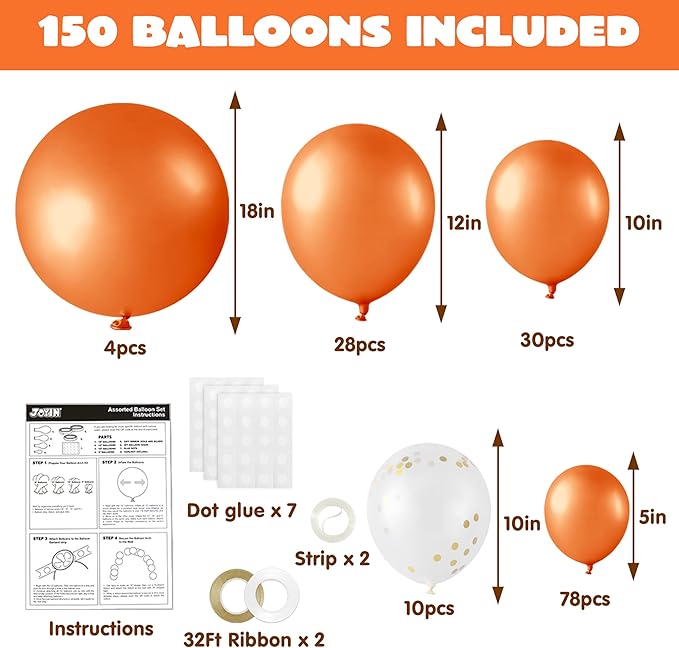JOYIN 150 Pcs Orange Balloons, Different Sizes 18 12 10 5 Inch Orange Latex Balloon Arch Kit with Instruction for Birthday Party Graduation Wedding Holiday Decoration