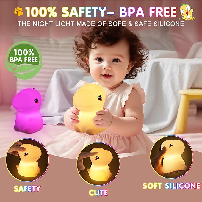 Night Light for Kids, 7 Color Changing BPA-Free Silicone Lamp with Touch Control, Eye Protection, Rechargeable Battery, Soft & Safe Nursery Lamp for Boys & Girls (Dinosaur)
