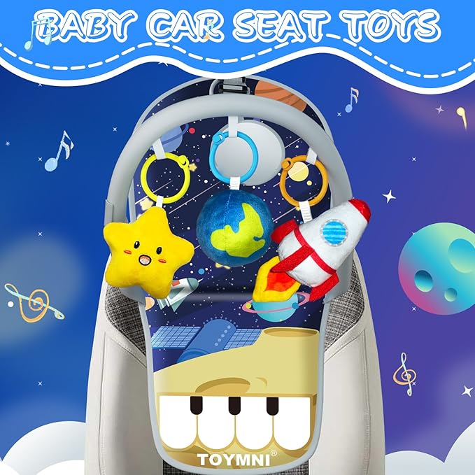 Car Seat Toys for Baby Infant 6 Months and Up, Carseat Toys with Musical Pedal Piano, Baby Mirror and Hanging Squeaky Sensory Soft Baby Toys 6 to 12 Months, Baby Car Toys Rear Facing