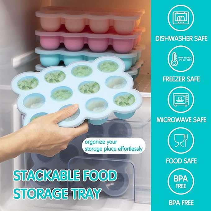 12x1.5oz Baby Food Freezer Tray with Clip Lid Light Green | Food Grade Silicone Storage Containers for Purees & Vegetables