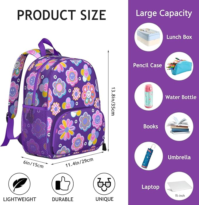 Toddler Backpack for Girls 3-8: Preschool Kindergarten Backpack - Cute Kids Backpacks for Girls-Purple Smile
