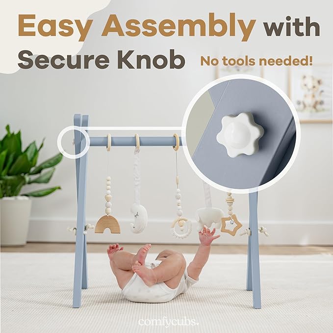Comfy Cubs Wooden Baby Play Gym - Natural Finish Pinewood Baby Activity Gym with 5 Sensory Hanging Toys - Easy No-Tool Assembly, Safe and Durable for Infant Motor and Visual Development - Pacific Blue