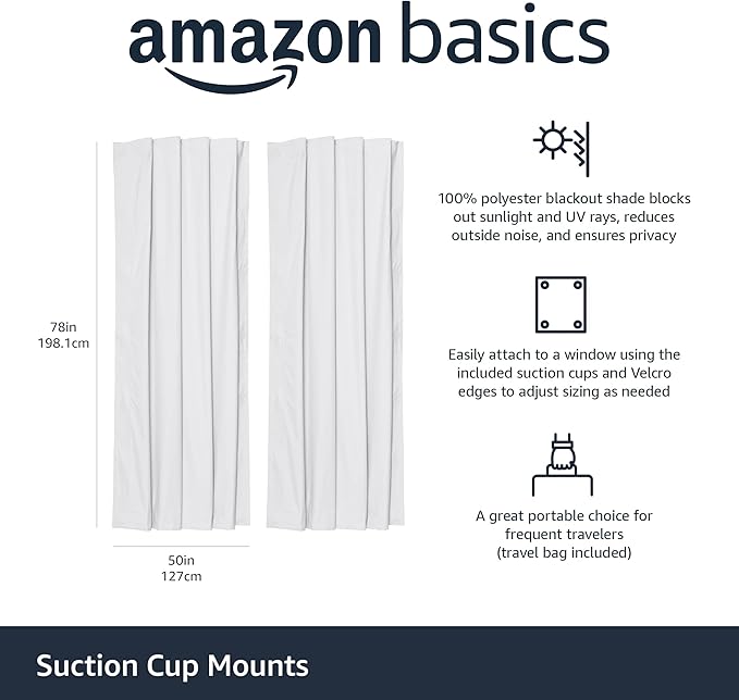 Amazon Basics Portable Blackout Curtain Shade with Suction Cups, 50"W x 78"L, 2-Pack, White
