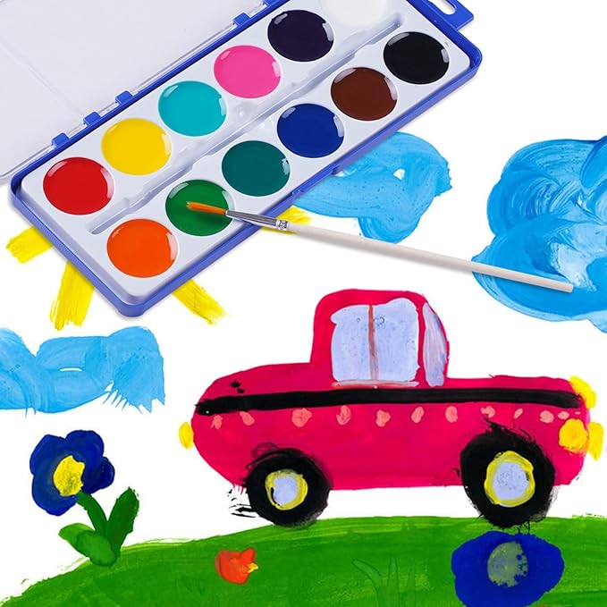 Watercolor Paint Set for Kids, 12 Colors, 24 Pack Washable Water Colors for Party Favors, Gifts, Classroom Supplies (Wood Brushes Included)
