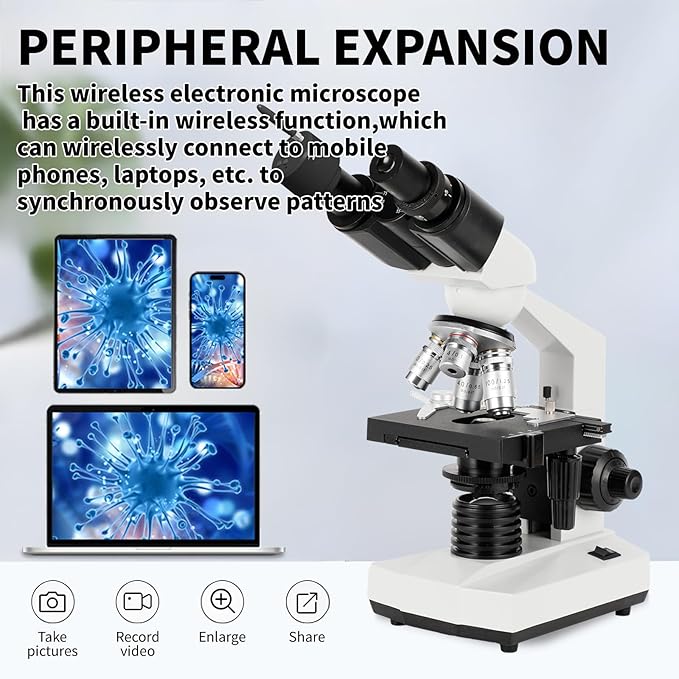 Binocular Compound Microscope, 40X-5000X Magnification, Wide-Angle Eyepiece WF10X WF25X, LED Light Source, XY axis Double-Layer Stage, Adult Microscope (Supports WiFi Wireless Connection)