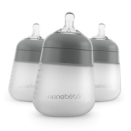 Nanobebe Flexy Silicone Baby Bottle, Anti-Colic, Natural Feel, Non-Collapsing Nipple, Non-Tip Stable Base, Easy to Clean, 3-Pack, Gray, 9oz