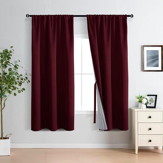 XWZO 100% Blackout Curtain Panels - Rod Pocket Thermal Insulated Black Liner Curtains, Noise Reducing and Heat Blocking Drapes for Hall and Studio Windows with Tiebacks, Burgundy, W42 x L63, Set of 2