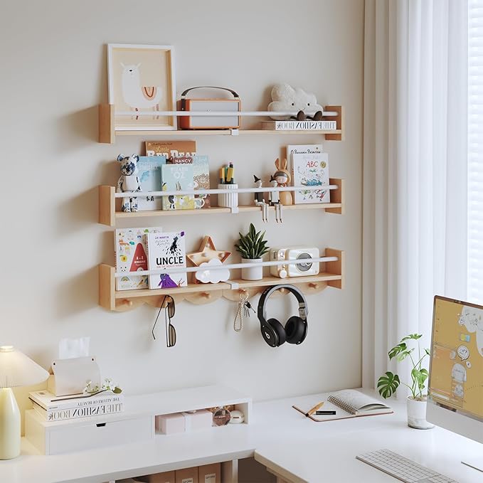 Nursery Bookshelves Wall Mounted，34inch，Set of 3, Floating Shelf Kids Coat Rack with 6Hooks,Hanging Shelf for Baby Nursery Room Décor, Patent Number: 29924445,Burlywood