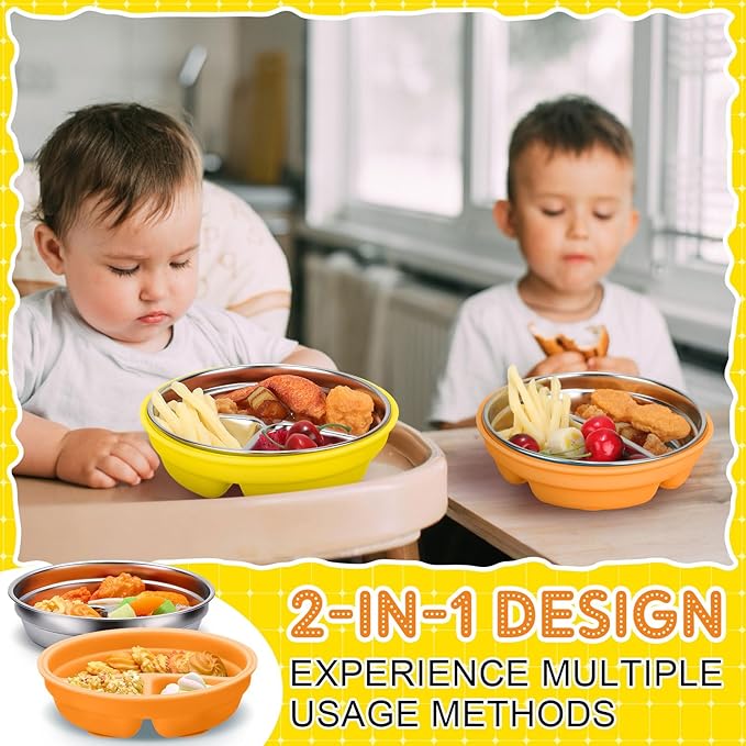 Nuogo 2 Pcs Stainless Steel Baby Suction Plates with Removable Silicone Shell 2-in-1 Metal Toddler Bowl Divided for Picky Eaters Kids Feeding Led Weaning Supplies, Dishwasher Safe (Yellow,Orange)