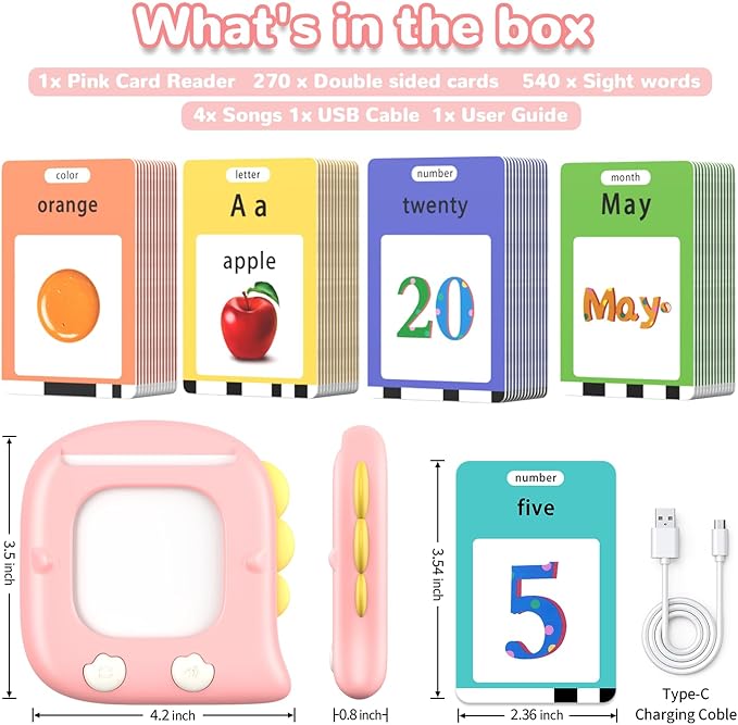 Kidzdo 520 Sight Word Talking Flash Cards, Christmas Birthday Gifts for 2 3 4 5 6 Year Old Girls, ABCs Early Education Learning Toys, Autism Sensory Toys for Autistic Toddlers Ages 2-6, Pink