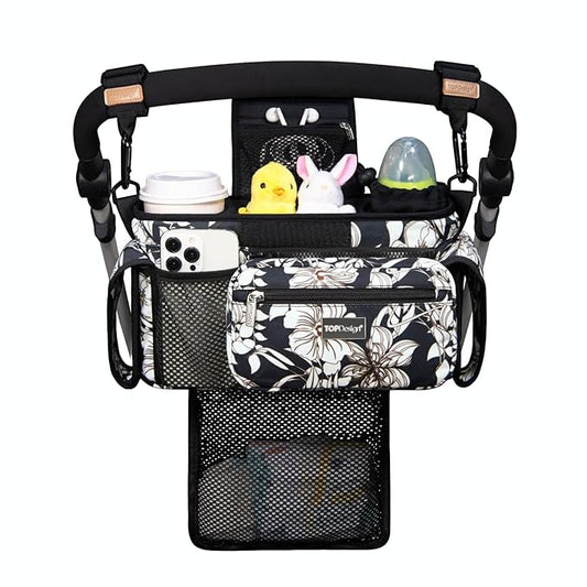 TOPDesign Universal Baby Stroller Organizer, Stroller Caddy with Detachable Mesh Bag & Heightened Insulated Cup Holders & Non-Slip Secure Hooks Accessories, Fits Most Strollers (Morning Glory)