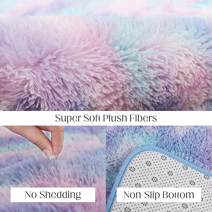 Rainbow Rug for Girls Room, 5x7 Fluffy Area Rugs for Bedroom, Colorful Kids Rug Cute Anti-Skid Indoor Carpet for Nursery, Living Room, Playroom, Home Decor