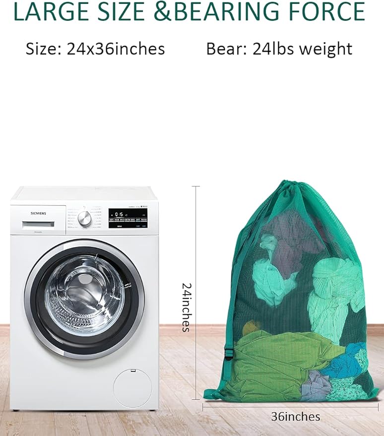 Mesh Laundry Bags with Adjustable Shoulder Strap, 24" x 36" Heavy Duty Nylon, Drawstring Closure, 3-Pack, Mixed Colors