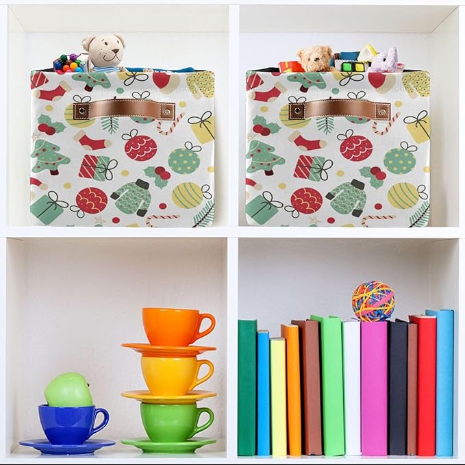 Christmas Storage Basket Tree Candy Canes Socks and Gift Storage Bins Organizer Bag Collapsible Closet Shelf Baskets Cube with handle for Baby Cloth Pet Toy Book 14.2×10.2×8.3 IN