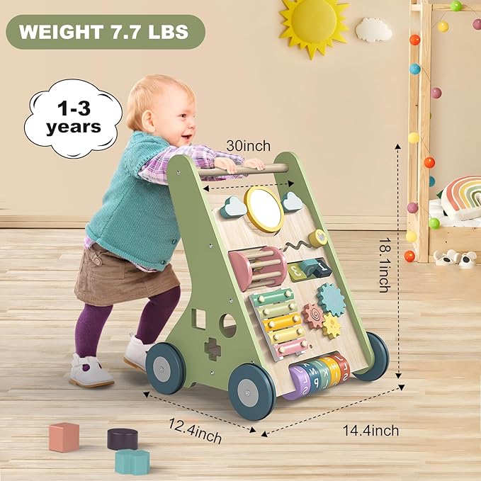 Wooden Baby Walker Wheels,Baby Push Walker for Babies 6-12 Months Montessori,Toddler Walker Push Toy Wooden Activity Walker for Baby Boy,Walking Toys for 1 Year Old Learning to Walk Girl Christmas