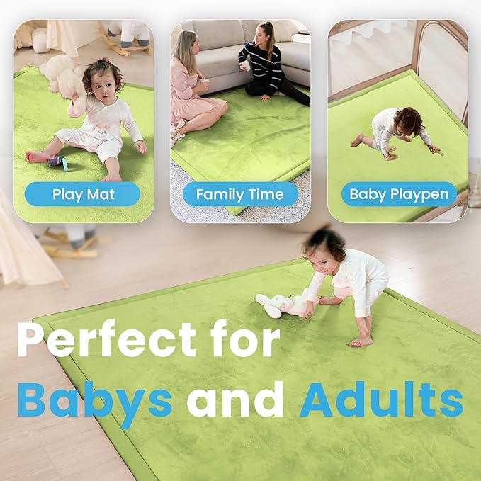 1.3" Thick Baby Play Mat for Floor Playpen, 50x50 Foam Tummy Time Mat, Padded Support Soft Plush Nursery Rug for Infant Kids Toddler Crawling Kick Activity (Light Green)