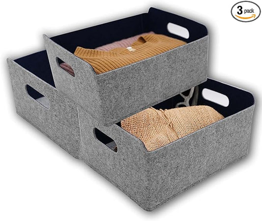 Welaxy storage baskets Felt Foldable Cube bin Shelf Bins Organizer Felt box for Kids Toys Magazine Books Clothes for Office Bedroom Closet Babies Nursery (navy x 3)