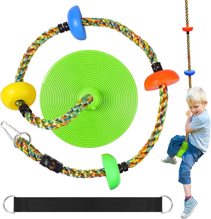 Tree Swing Rainbow Climbing Rope, Heavy Duty Swing Disc Seat Replacement for Kids with Hanging Strap and Platform Carabiners Indoor/Outdoor Playground Accessories (Leaf Green)