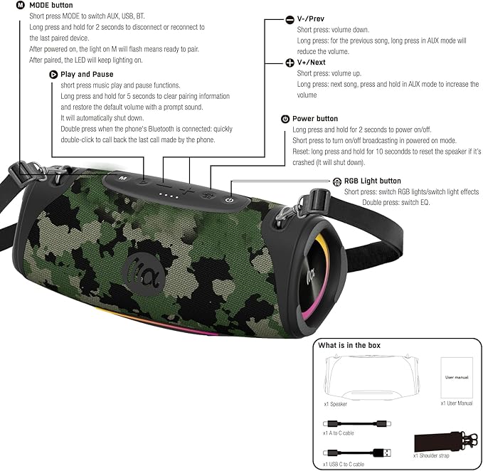 Portable Bluetooth Speaker 80W RMS,120W Peak Loud Subwoofer Wireless Stereo with HD Sound,8H Playtime IPX7 Waterproof for Party cmaping Beach (CAMO-80W RMS/120W Peak)