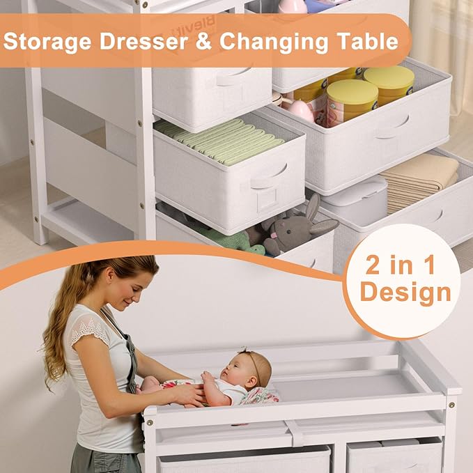 YUFU Baby Changing Table, Diaper Changing Station with 6 Storage Drawers and Changing Pad, Changing Table Dresser, White