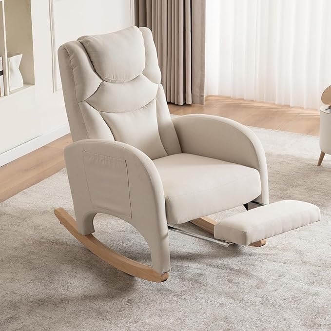 Rocking Chair Nursery,Modern Glider Chair with Adjustable Footrest and Solid Wood Legs,High Backrest Nursery Chair with Side Pocket,Rocker Armchair for Living Room Bedroom Cotton Linen, Beige