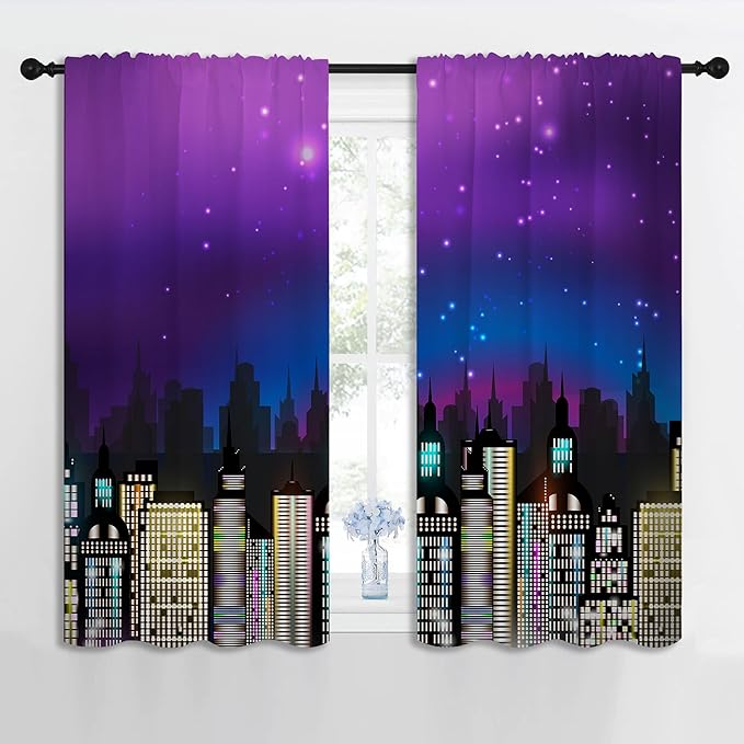 Superhero Rod Pocket Blackout Curtains for Boy Girl Bedroom, Super City Skyline Buildings Night Panorama Home Energy Efficient Light Filtering Window Curtain for Living Room, 42x63 inch