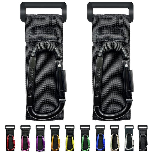 Baby Stroller Hook, Carry 30 lbs per Stroller Carabiner Clip, Adjustable Baby Stroller & Car Seat Hook for Hanging Diaper Bag, Wheelchair, Golf cart, Shopping and Pet Cart(2 Pcs Black)