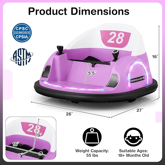 GLACER 12V Bumper Car, Electric Kids Bumper Car w/Parental Remote, 3-Speed, 360°Spin, Music, LED Light, Battery Ride on Bumper Car w/Dual Joysticks, Baby Bumper Car for Toddlers 18 Months+ (Pink)