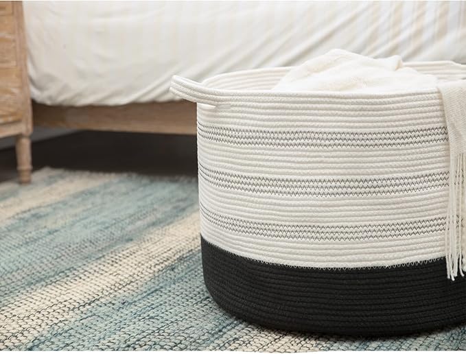 XXXLarge Cotton Rope Basket 22" X 22"X 14" Blanket Basket for Living Room Woven Basket Soft Baby Laundry Blanket Basket Nursery Bin Toy Basket with Handle White+Black