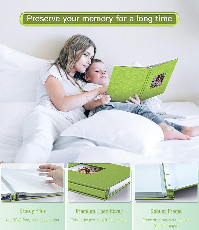 popotop Photo Album Self Adhesive with Picture Display Window,60 Pages DIY Scrapbooking Supplies Kit for 4x6 10x12 Picture,Linen Cover Memory Book for Baby Wedding, with Scraper and Metallic Pen