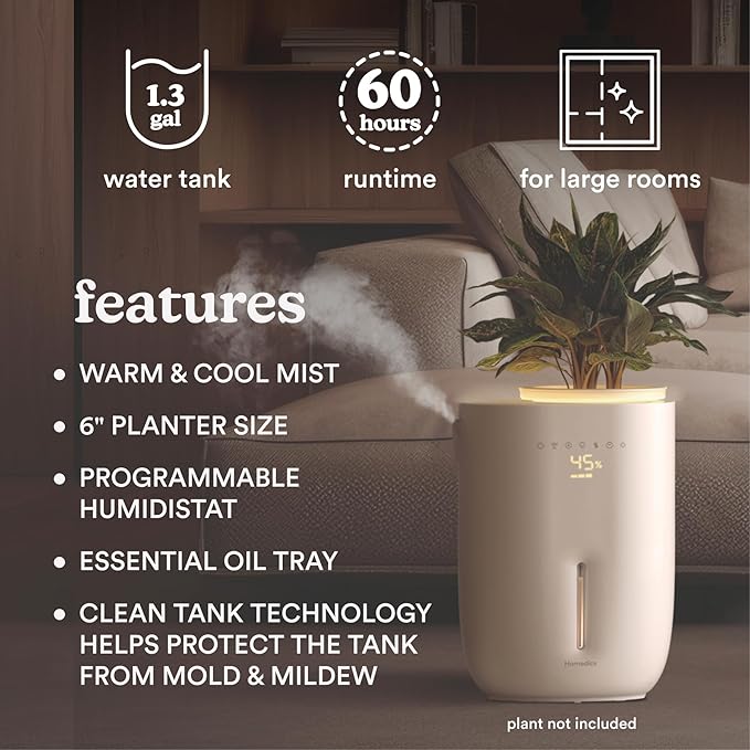 Homedics Natura Ultrasonic Warm & Cool Mist Humidifier, 1.3-Gal for Large Rooms, 60-Hr Runtime, Plant Holder, Programmable Humidity, Auto Shutoff, Nightlight Small Plant Compatible(Plant Not Included)