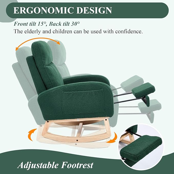 NIOIIKIT Oversized Nursery Rocking Chair, Teddy Upholstered Glider Chair with Footrest, Large Glider Rocker with Side Pocket, Rocking Accent Chair, Glider Recliner for Living Room (Green Teddy)