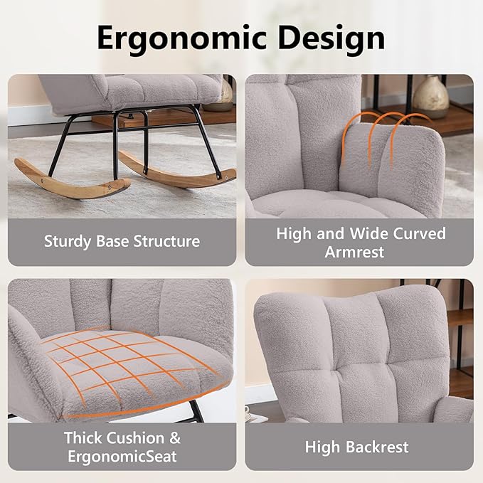 NIOIIKIT Nursery Rocking Chair Velvet Upholstered Glider Rocker Rocking Accent Chair Padded Seat with High Backrest Armchair Comfy Side Chair for Living Room Bedroom Offices (Light Gray)