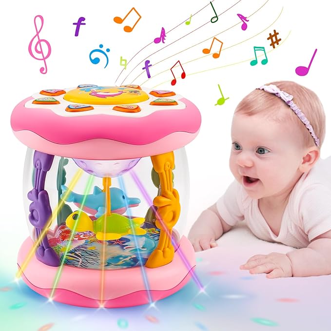 Baby Musical Light Up Toys 0-6 Months Tummy Time Ocean Projector Rotating Infant 0-3 4 5 6 7 8 9 Months Baby Aquarium Crawling Pink Toys Babies 6-12 Month Girls 1 2 Year Old Birthday Newborn Gifts
