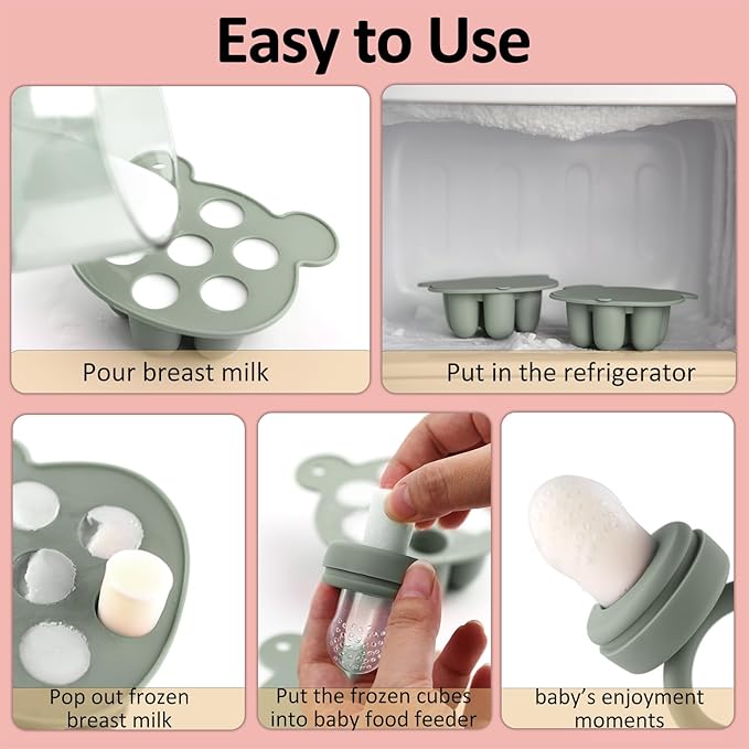 Silicone Baby Fruit Food Feeder & Mini Freezer Nibble Tray, Breastmilk Popsicle Molds for Baby Teething Relief, BPA Free Silicone Teething Toys Feeder for Safe Infant Self Feeding, Extra Food Pouches