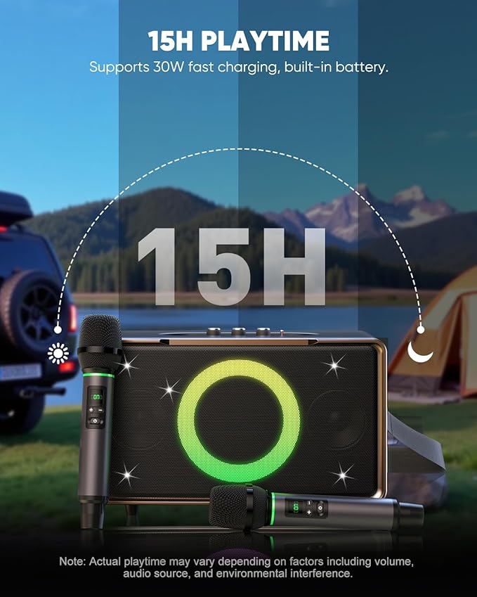 GFEEN Portable Bluetooth Speaker: 200W Peak, 15H Playtime, Wireless Speakers with Microphone, 5″ Subwoofer, Loud Sound, Light Show, Fast Charging for Outdoor, Party, Backyard(Gold with 2Mic)