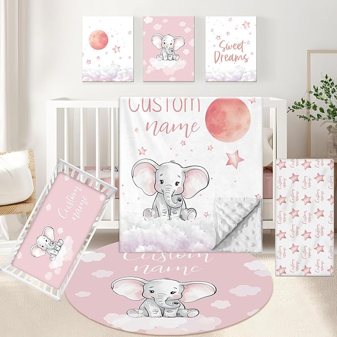 Personalized Nursery Bedding Set, 5 Pcs - Custom Baby Girl Elephant Bedding, Toddlers Bedding Set with Name, Double Layer, Customized Gift for Infant Kid