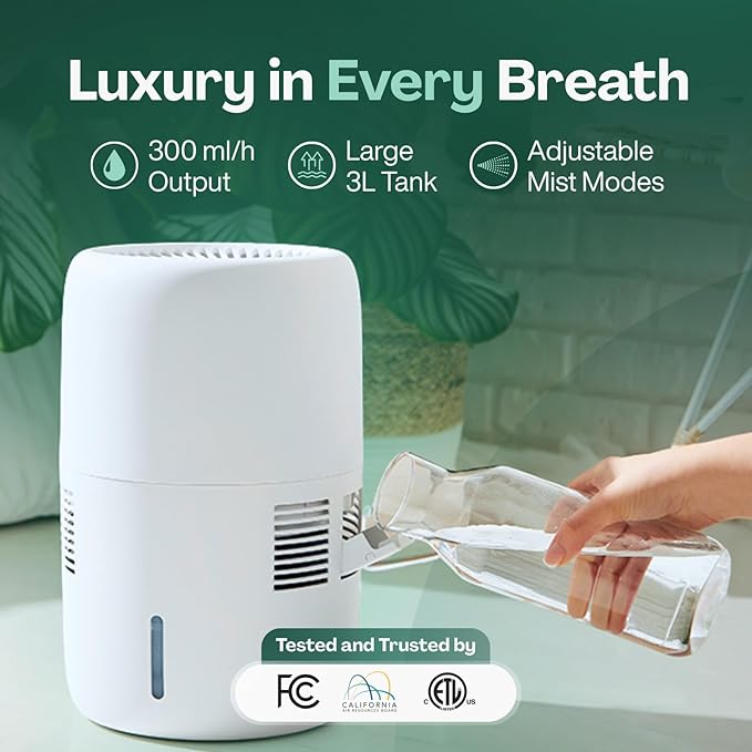 Humea Smart Evaporative Humidifier with WiFi & App Control - 3L Tank, 4 Speeds, 300ml/h - Quiet, Mist-Free, No White Dust - Nightlight - For Allergies, Dry Skin, Better Sleep - White