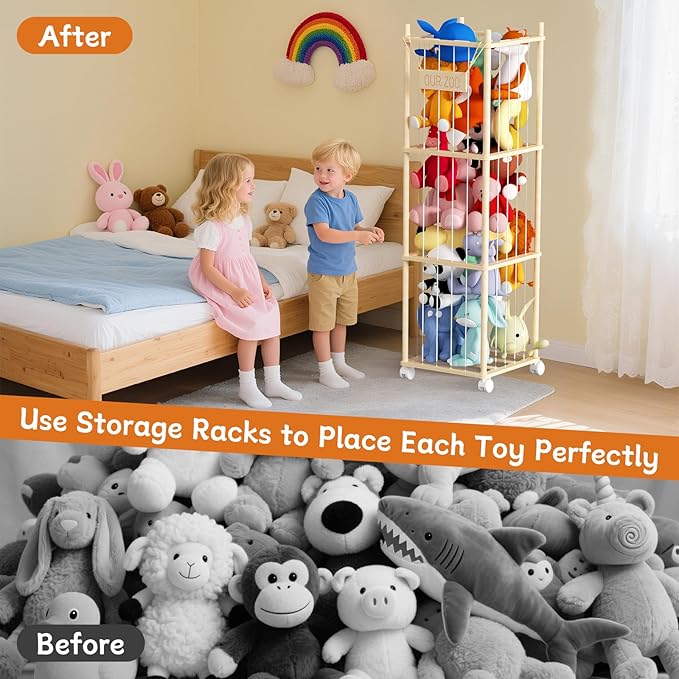 Stuffed Animal Toy Storage, 53 Inch Tall Wooden Toy Storage Rack Space-Saving Plushie Toy Organizers and Storage on Playhouse,Playroom,Bedroom -No Tools Easy Assembly