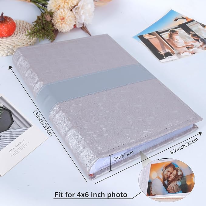 RECUTMS Photo Album with Writing Space 4x6 300 Pockets Photo Book,Leather Cover Picture Album with Memo Areas for Wedding Anniversary Family Baby Couple Valentines Graduation Travel (Grey)