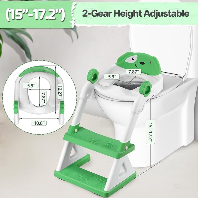 2 In 1 Potty Training Toilet Seat & Toddler Step Stool, Bottom Triangle Stability Toddler Toilet Seat, Adjustable Step & Seat Height Potty Seats (Green)