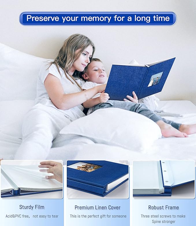 popotop Photo Album Self Adhesive with Picture Display Window,60 Pages DIY Scrapbooking Supplies Kit for 4x6 10x12 Picture,Linen Cover Memory Book for Baby Wedding, with Scraper and Metallic Pen