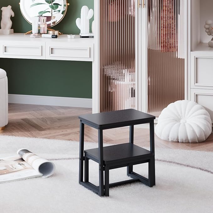 Step Stool for Adults,Holds up to 500Lb,3 in1 Heavy Duty Sturdy Two Step Stool for Kichen/Bathroom/High beds, Wooden&Metal Frame, Non-Slip Pads