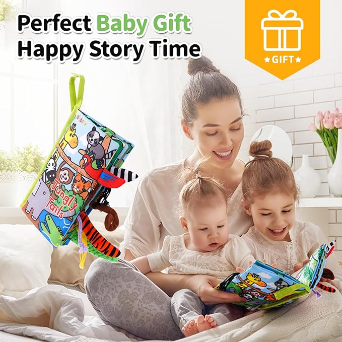 Jollybaby Crinkle Books for Babies, Sensory Soft Touch and Feel Baby Toys for 0-6 Months Infants, Newborn Montessori Early Educational Cloth Toys, Baby Girl & Boy Gift(Jungle Tails)