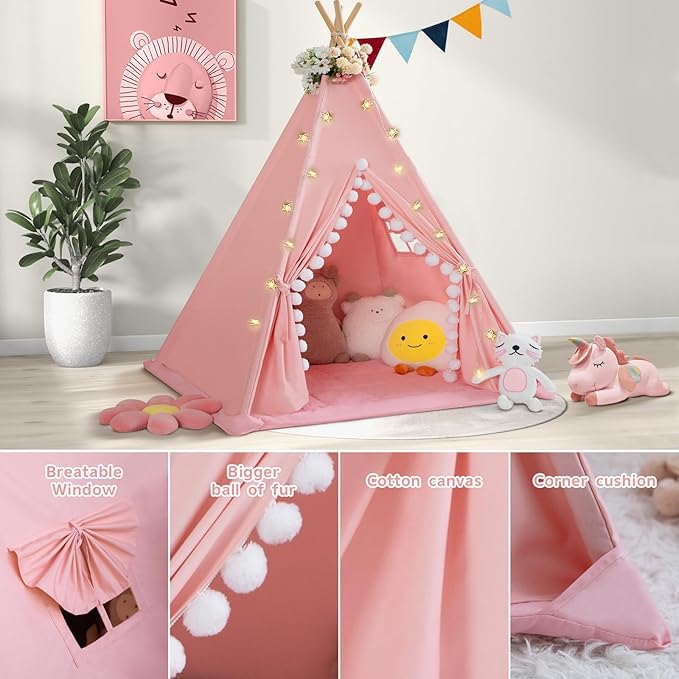 Teepee Tent for Kids with Padded Mat Cotton Canvas Kids Tent with Pompom for Toddlers Indoor Play Tent for Girls Boys with Stars Lights, Carry Bag, Banner Flag (Pink)