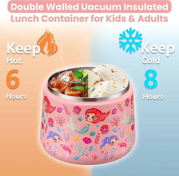 14oz Insulated Vacuum Food Jar with Buckle Lid,Soup Thermo for Hot Food Kids,Wide Mouth Leakproof Stainless Steel Lunch Container with Spoon-Mermaid
